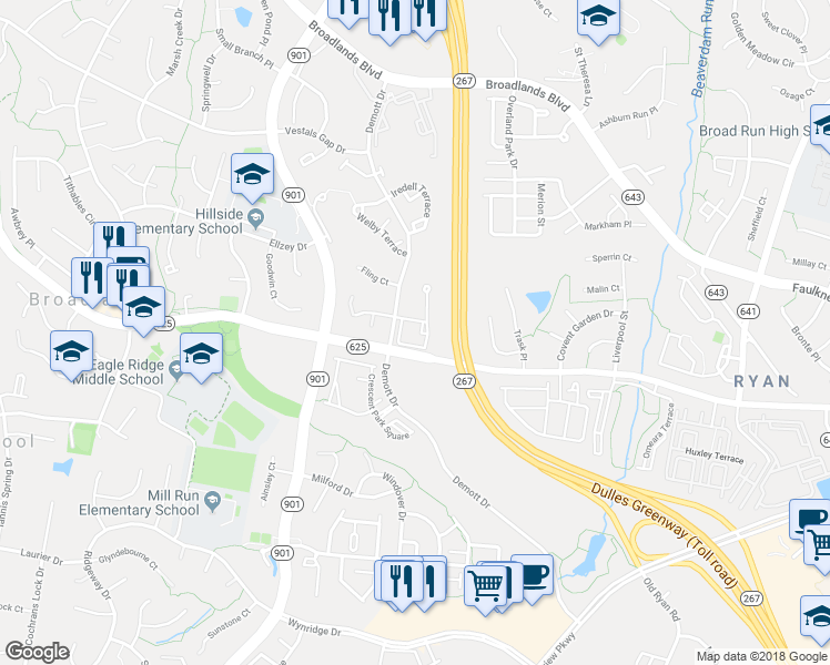 map of restaurants, bars, coffee shops, grocery stores, and more near 21675 Crossbeam Square in Broadlands