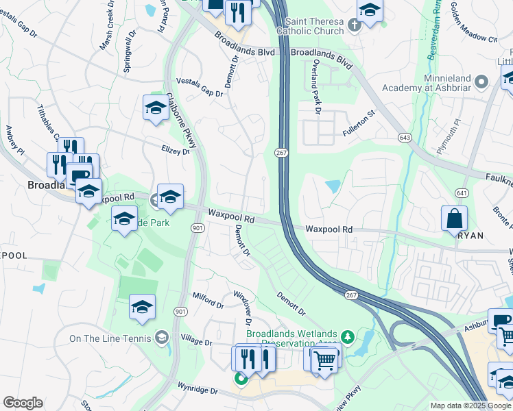 map of restaurants, bars, coffee shops, grocery stores, and more near 21675 Crossbeam Square in Broadlands