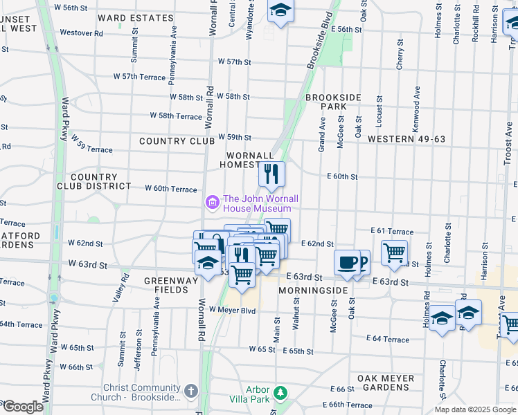 map of restaurants, bars, coffee shops, grocery stores, and more near 6109 Brookside Boulevard in Kansas City