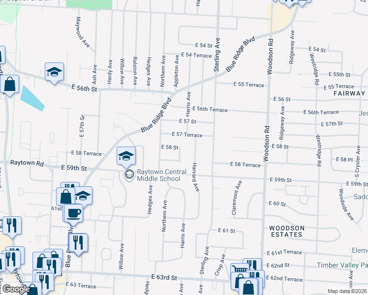 map of restaurants, bars, coffee shops, grocery stores, and more near 5821 Appleton Avenue in Raytown