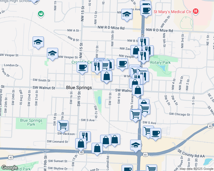 map of restaurants, bars, coffee shops, grocery stores, and more near 204 Southwest 11th Street in Blue Springs