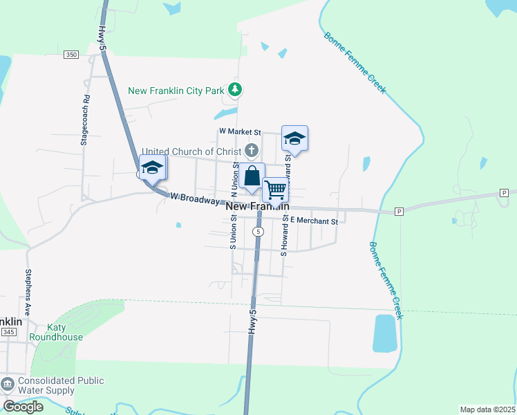 map of restaurants, bars, coffee shops, grocery stores, and more near 108 Missouri 5 in New Franklin