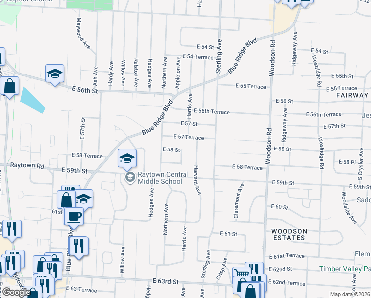 map of restaurants, bars, coffee shops, grocery stores, and more near 5821 Appleton Avenue in Raytown