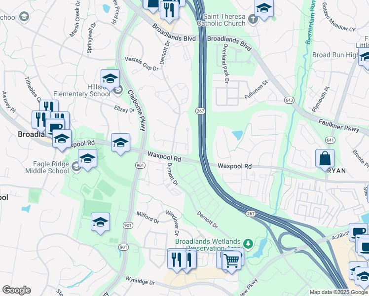 map of restaurants, bars, coffee shops, grocery stores, and more near 21669 Crossbeam Square in Broadlands