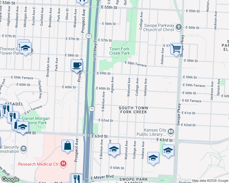 map of restaurants, bars, coffee shops, grocery stores, and more near 6029 Agnes Avenue in Kansas City