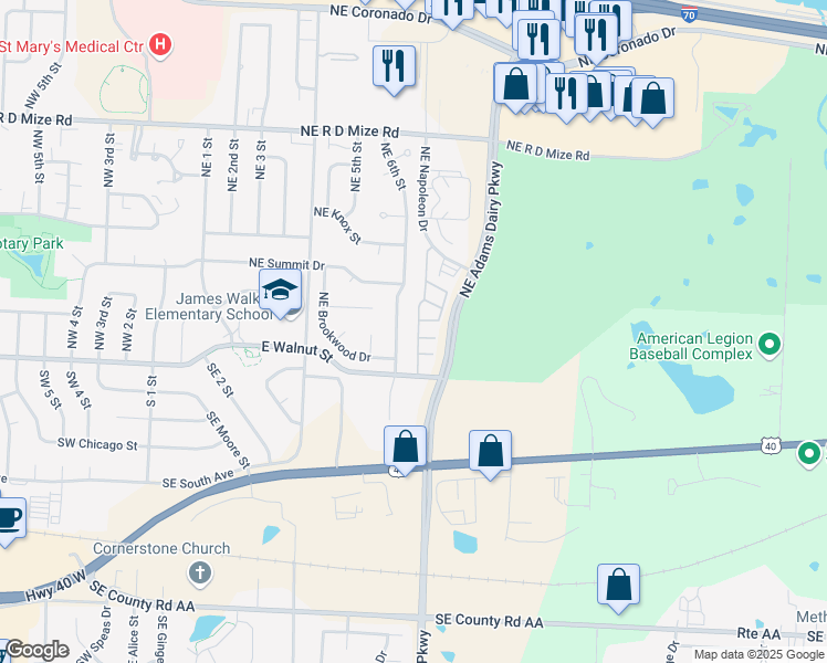 map of restaurants, bars, coffee shops, grocery stores, and more near 203 Northeast Adams Dairy Parkway in Blue Springs