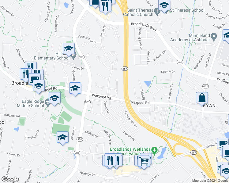 map of restaurants, bars, coffee shops, grocery stores, and more near 21669 Crossbeam Square in Ashburn