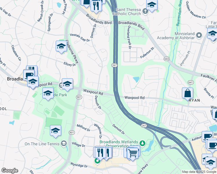 map of restaurants, bars, coffee shops, grocery stores, and more near 21672 Frame Square in Broadlands