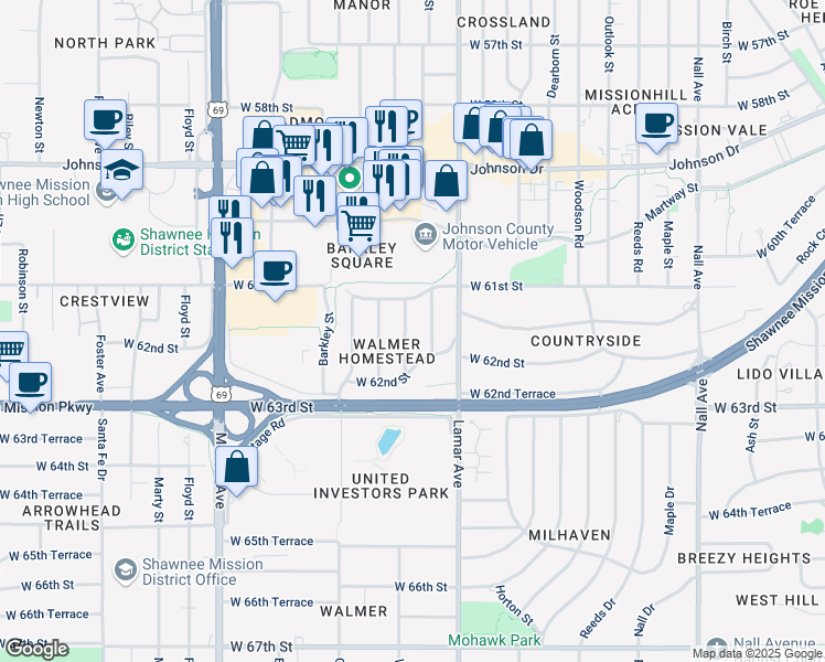 map of restaurants, bars, coffee shops, grocery stores, and more near 6212 Walmer Street in Mission