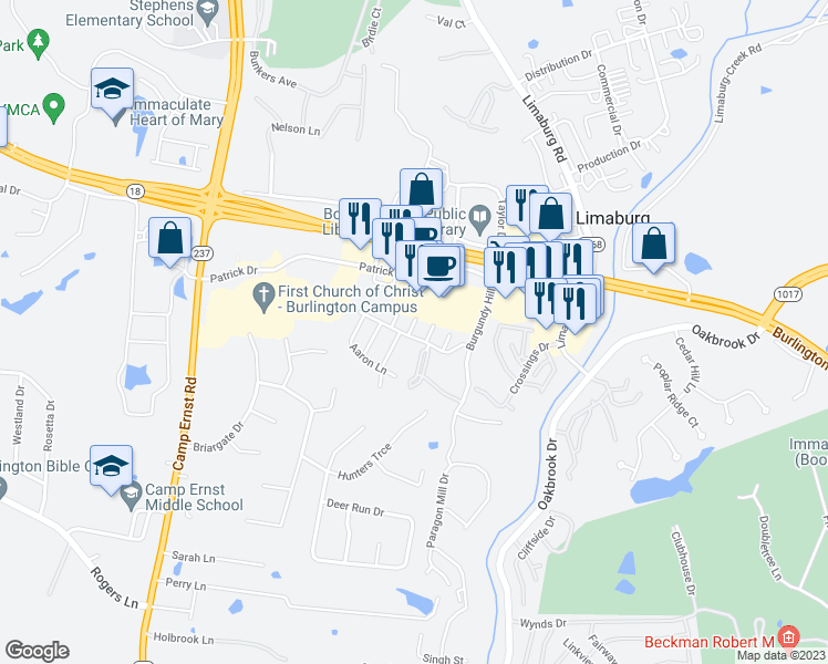 map of restaurants, bars, coffee shops, grocery stores, and more near 5508 Barrett Lane in Burlington