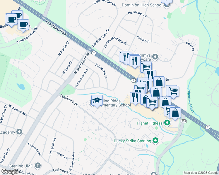 map of restaurants, bars, coffee shops, grocery stores, and more near 404 East Amhurst Street in Sterling