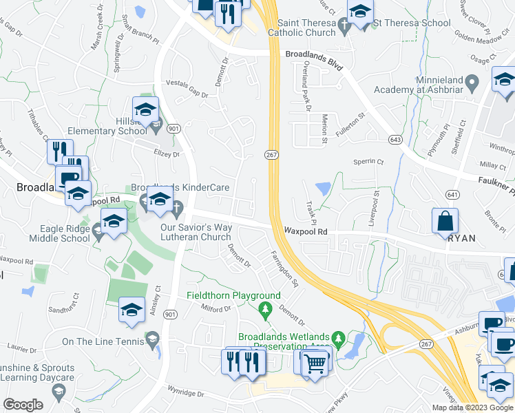 map of restaurants, bars, coffee shops, grocery stores, and more near 21672 Frame Square in Broadlands
