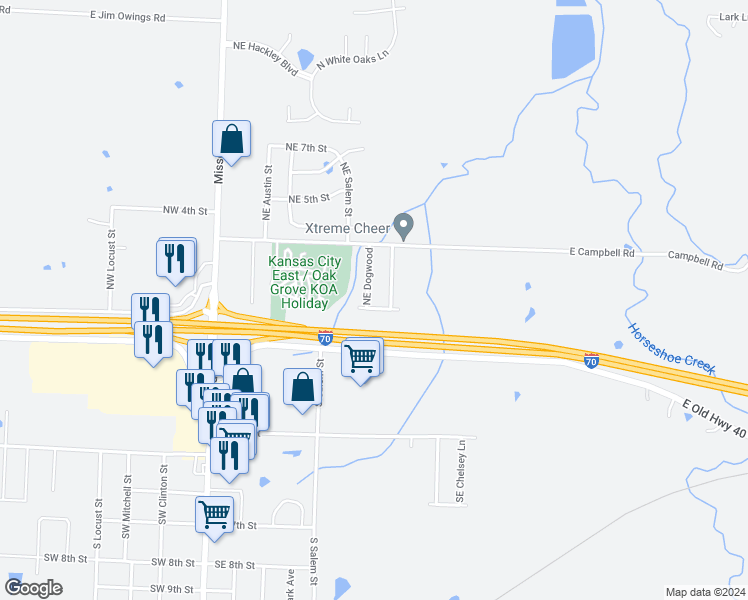 map of restaurants, bars, coffee shops, grocery stores, and more near 101 Northeast Dogwood in Oak Grove