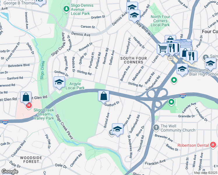 map of restaurants, bars, coffee shops, grocery stores, and more near 812 Forest Glen Road in Silver Spring