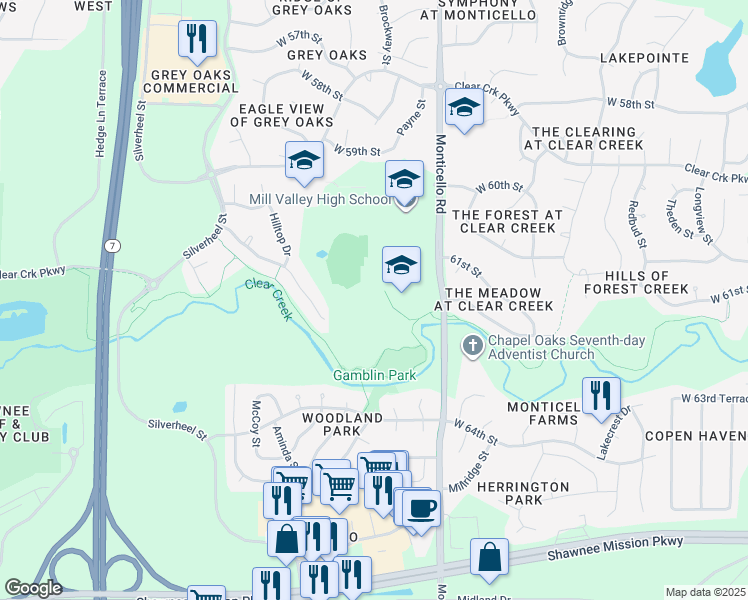 map of restaurants, bars, coffee shops, grocery stores, and more near 6100 Monticello Road in Shawnee