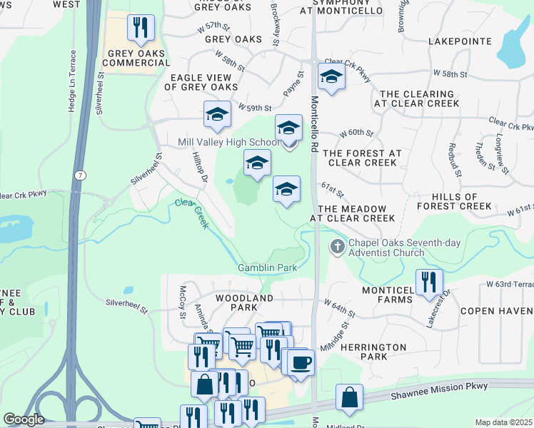 map of restaurants, bars, coffee shops, grocery stores, and more near 6100 Monticello Road in Shawnee
