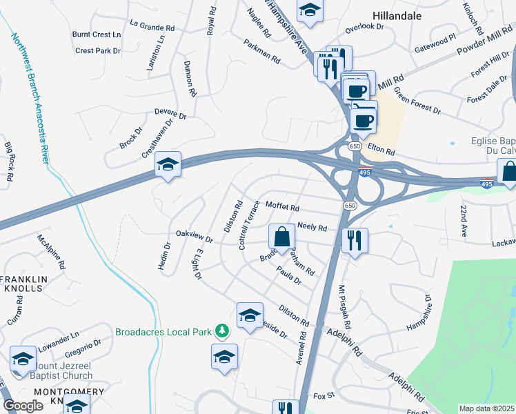 map of restaurants, bars, coffee shops, grocery stores, and more near 9815 Cottrell Terrace in Silver Spring
