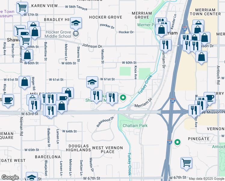 map of restaurants, bars, coffee shops, grocery stores, and more near 6105 Cortez Street in Shawnee