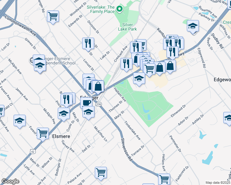 map of restaurants, bars, coffee shops, grocery stores, and more near 3304 Elizabeth Street in Erlanger
