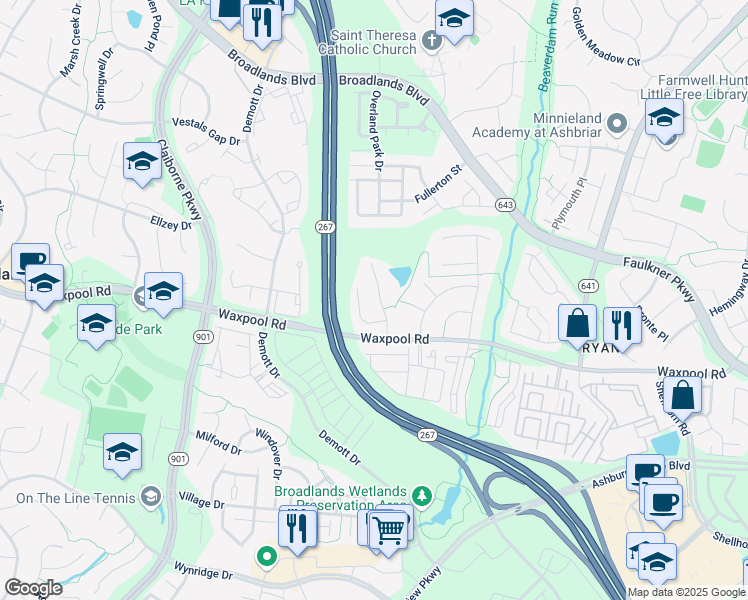map of restaurants, bars, coffee shops, grocery stores, and more near 21641 Trask Place in Ashburn
