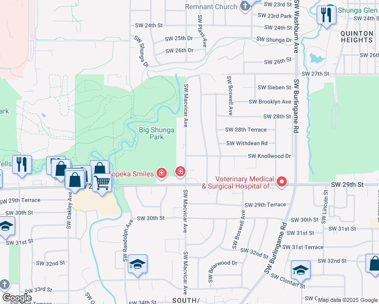map of restaurants, bars, coffee shops, grocery stores, and more near 2840 Southwest Macvicar Avenue in Topeka