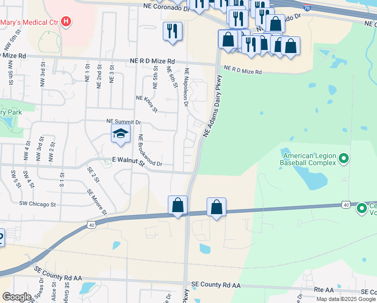 map of restaurants, bars, coffee shops, grocery stores, and more near 229 Northeast Adams Dairy Parkway in Blue Springs