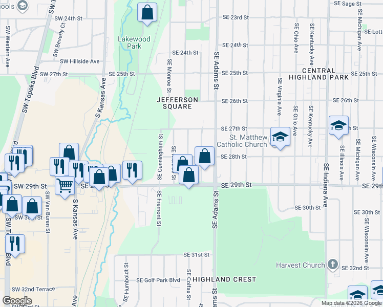 map of restaurants, bars, coffee shops, grocery stores, and more near 2727 Southeast Jefferson Street in Topeka