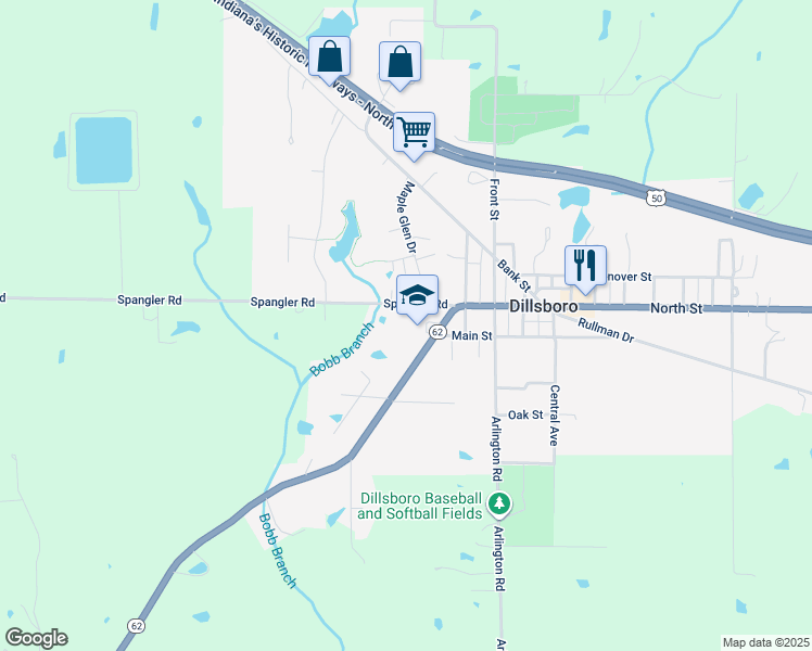 map of restaurants, bars, coffee shops, grocery stores, and more near 13200 North Street in Dillsboro