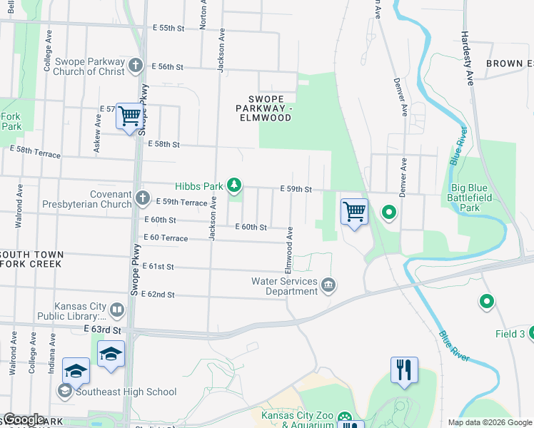 map of restaurants, bars, coffee shops, grocery stores, and more near 5913 Cypress Avenue in Kansas City