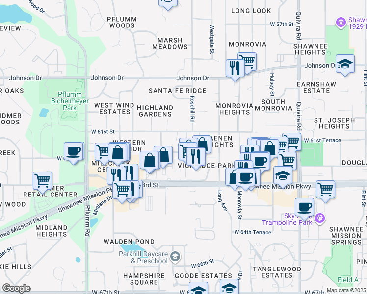 map of restaurants, bars, coffee shops, grocery stores, and more near 12715 West 61st Street in Shawnee