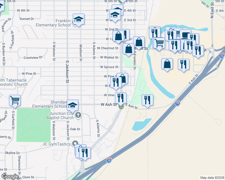 map of restaurants, bars, coffee shops, grocery stores, and more near 621 South Jefferson Street in Junction City
