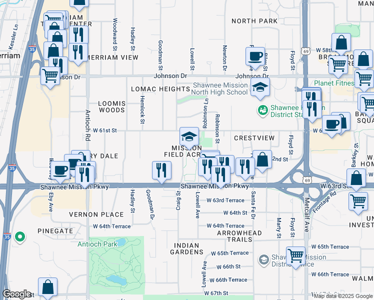 map of restaurants, bars, coffee shops, grocery stores, and more near 6101 Craig Street in Merriam
