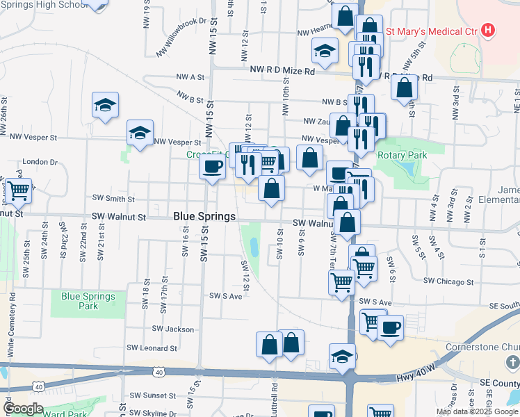 map of restaurants, bars, coffee shops, grocery stores, and more near 1100 Southwest Smith Street in Blue Springs