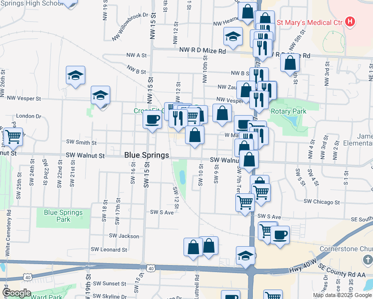 map of restaurants, bars, coffee shops, grocery stores, and more near 1100 Southwest Smith Street in Blue Springs