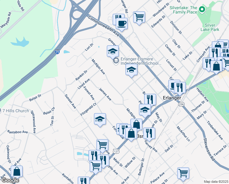 map of restaurants, bars, coffee shops, grocery stores, and more near 402 McAlpin Avenue in Erlanger