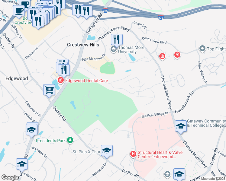 map of restaurants, bars, coffee shops, grocery stores, and more near 2479 Legends Way in Crestview Hills