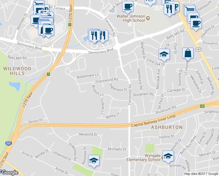 map of restaurants, bars, coffee shops, grocery stores, and more near 9820 Inglemere Drive in Bethesda