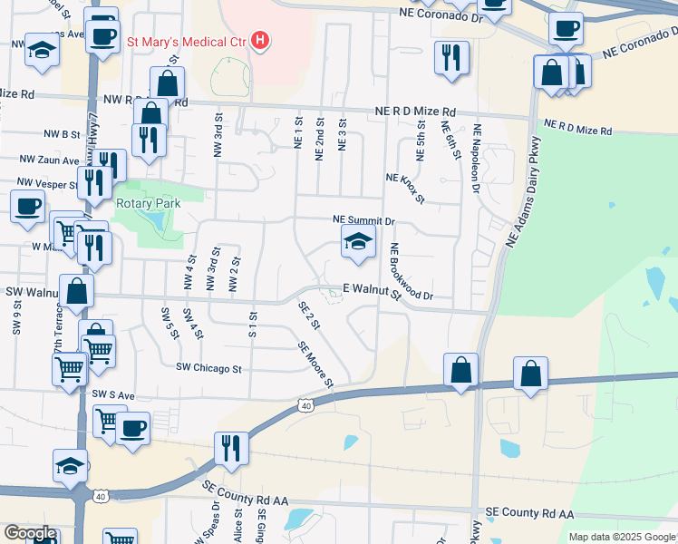 map of restaurants, bars, coffee shops, grocery stores, and more near 298 East Walnut Street in Blue Springs