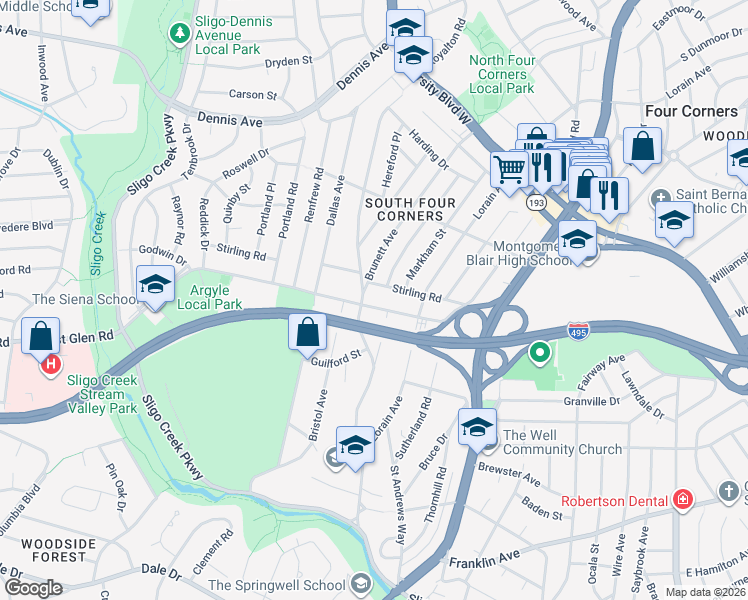 map of restaurants, bars, coffee shops, grocery stores, and more near 707 Forest Glen Road in Silver Spring