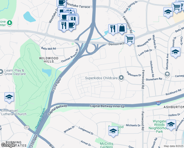 map of restaurants, bars, coffee shops, grocery stores, and more near 6908 Greyswood Road in Bethesda