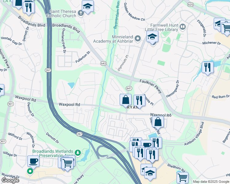 map of restaurants, bars, coffee shops, grocery stores, and more near 21655 Kings Crossing Terrace in Ashburn