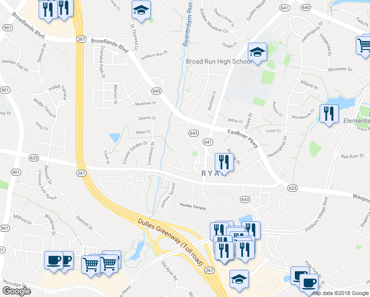 map of restaurants, bars, coffee shops, grocery stores, and more near 21655 Kings Crossing Terrace in Ashburn