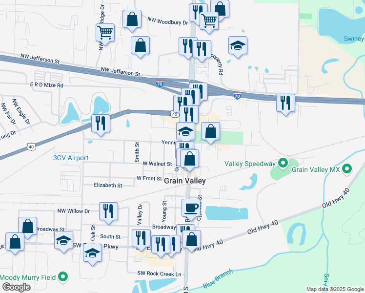 map of restaurants, bars, coffee shops, grocery stores, and more near 700 Route AA in Grain Valley
