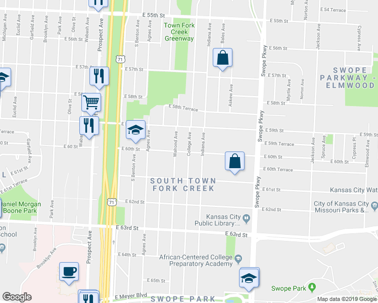 map of restaurants, bars, coffee shops, grocery stores, and more near College Ave & E 60th St in Kansas City