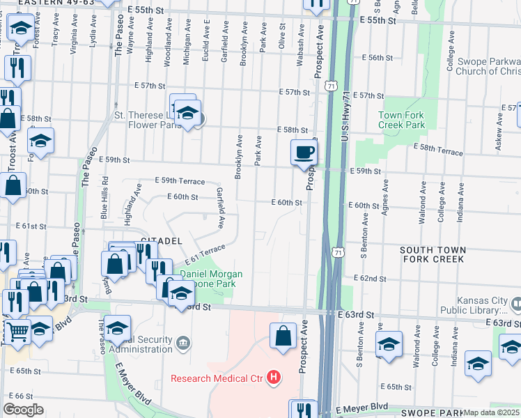 map of restaurants, bars, coffee shops, grocery stores, and more near 2323 East 60th Street in Kansas City