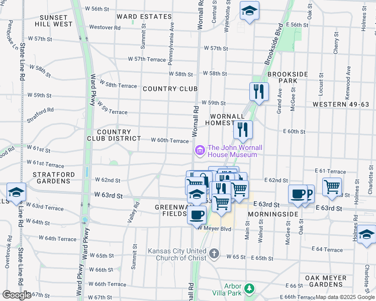 map of restaurants, bars, coffee shops, grocery stores, and more near 404 West 61st Street in Kansas City