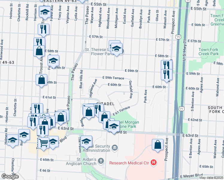 map of restaurants, bars, coffee shops, grocery stores, and more near 1802 East 60th Street in Kansas City
