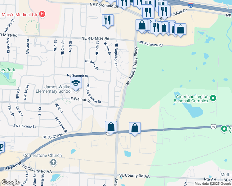 map of restaurants, bars, coffee shops, grocery stores, and more near 231 Northeast Adams Dairy Parkway in Blue Springs