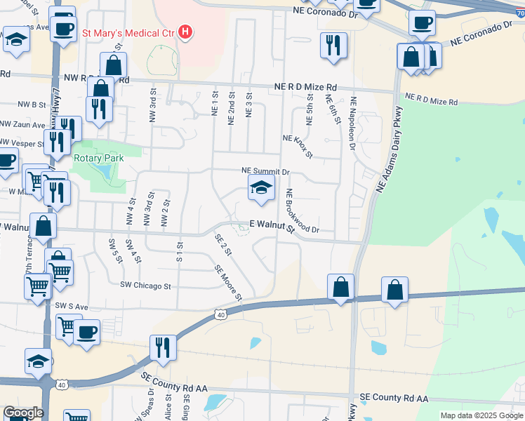 map of restaurants, bars, coffee shops, grocery stores, and more near 201 Southeast Sunnyside School Road in Blue Springs