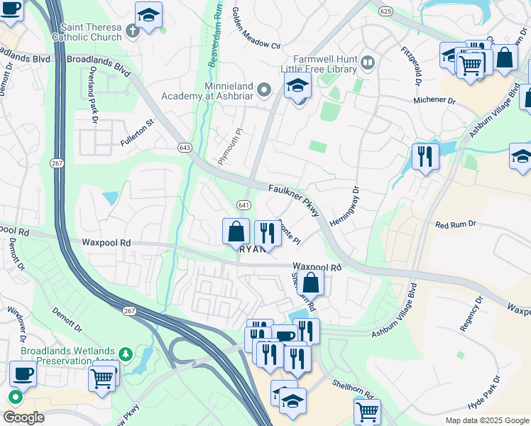 map of restaurants, bars, coffee shops, grocery stores, and more near 21651 Bronte Place in Ashburn